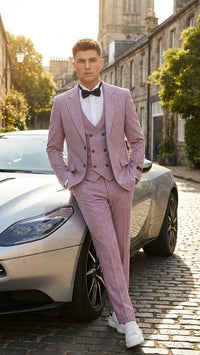 Men’s Dusty Rose Pink Pinstripe Three Piece Suit with Vest | Wedding and Party Formal Wear Prom or Church Suit