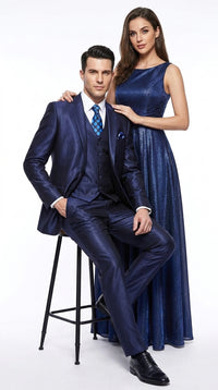 Men's Shiny Navy Blue Sateen 3-Piece Suit – Elegant Wedding, Prom Dress Suit with Matching Vest and Pants Slim Fitted