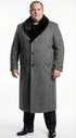 Men's Grey Herringbone Tweed Long Overcoat with Black Faux Fur Collar, Classic Winter Topcoat