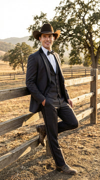 Charcoal Gray Western Tuxedo for Men | Classic Three Piece Formal Wedding and Evening Cowboy Tuxedo Suit With Trim Peak Lapel