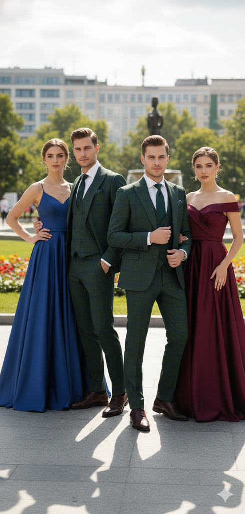 Men’s Green Plaid 3-Piece Suit – Classic Check Slim Fit Suit for Weddings, Church, and Formal By Rossiman