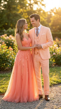 Men’s Light Peach 3 Piece Suit Set with Vest, Prom Wedding Dress Suit