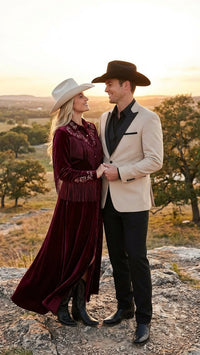 Men's Light Tan and Black Lapel Western Tuxedo Suit Set Wedding Party Cowboy Dress Tuxedo Black Pants