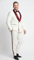 Men’s Ivory and Burgundy Jacquard Tuxedo Suit – Luxury Slim Fit 3-Piece Formal Wedding, Prom, and Gala Outfit in Cream Off White Color