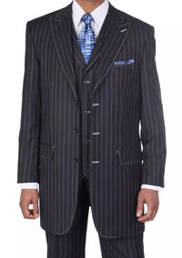Men's Three Button Suits - Navy Blue Pinstripe Three-Piece Suit – Classic Business and Formal Wear with Tailored Fit
