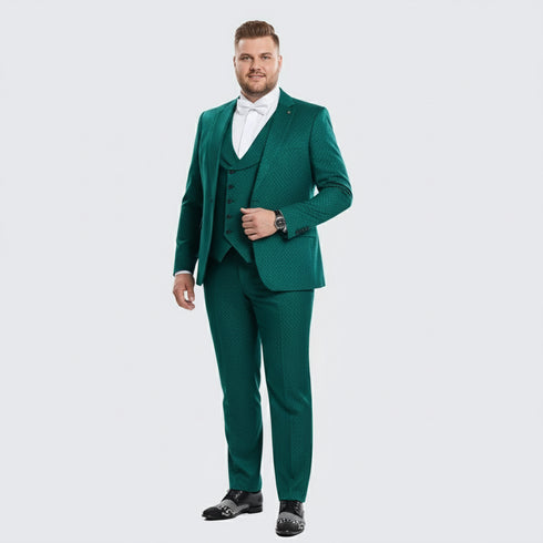 Men’s Emerald Green Textured 3-Piece Suit – Polk Dot Pattern Formal Wedding, Prom, and Evening Wear Outfit