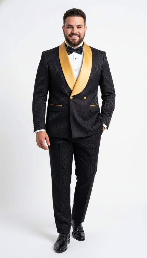 Men’s Black and Gold Jacquard Tuxedo Suit – Luxury Slim Fit Formal Wedding, Prom, and Gala Outfit