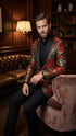 Men’s Red and Gold Floral Pattern Paisley Shawl Lapel | Luxury Evening and Party Wear Jacket Prom Christmas New Year Blazer