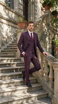 Men’s Plum Eggplant Pinstripe 3 Piece Suit – Burgundy Purple Formal Suit Gangster 1920s Mafia Pimp Suit