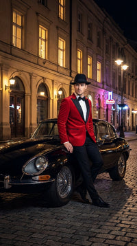 Men’s Red Velvet Fabric Rhinestone Blazer with Matching Red and Black Hat – Christmas New Year Holiday Party Jacket Set