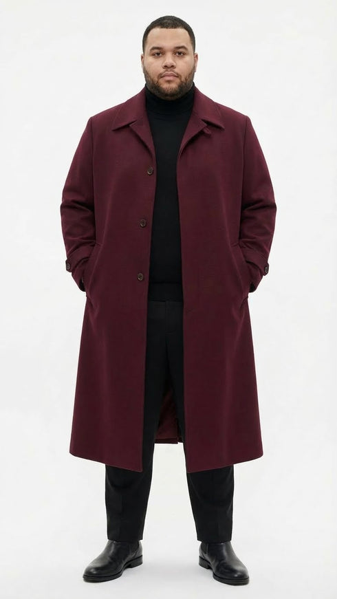 Men’s Full-Length Burgundy Overcoat – Microfiber 4 season fabric Long Formal Coat with Classic Tailored Maxi Duster Coat