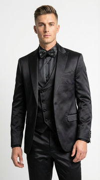 Men’s All Shiny Black Satin Suit – Black Satin Tuxedo Suit for Prom, Wedding, Formal Party and Evening Events Double breasted Vest