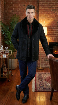 Men’s Black Sheepskin Leather Jacket Cowboy – Warm Faux Fur Collar Coat, Winter Long Jacket, Casual Western Style Outerwear