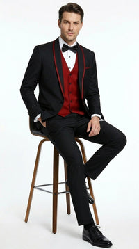 Statement Men's Black with Red Lapel Vested 100% Wool Tuxedo