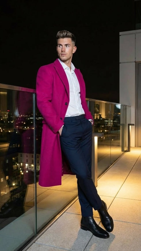 Men’s Hot Pink Wool Blend Overcoat – Topcoat Carcoat Winter Fabric