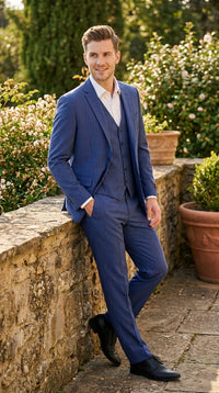 Men’s Royal Blue Pinstripe Three Piece Suit – Classic Formal 3PC Business and Wedding Suit Indigo Teal Sapphire Pinstripe