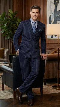 Men's Navy Blue Double Breasted Pinstripe Suit – Modern Fit By rossiman