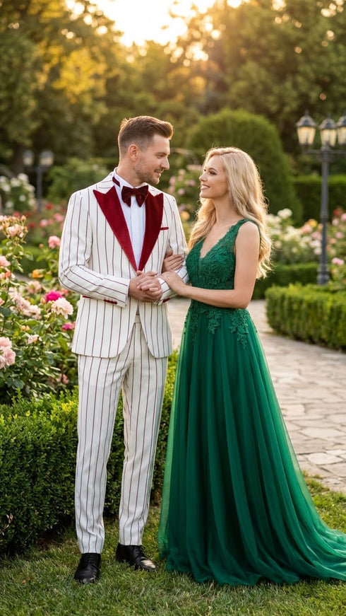 Men’s White and Dark Red Pinstripe Tuxedo with Velvet Shawl Lapel – Formal Dinner Blazer Prom Christmas New Year Holiday Suit