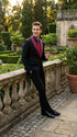 Men’s Black Suit with Burgundy Shawl Lapel – Formal Tuxedo Suit for Wedding, Prom and Evening Events + Bowtie & Tie