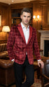 Mens Red Burgundy Plaid Blazer with Contrast Lapel – Velvet Fabric Check Prom Blazer Jacket for Party, Christmas New Year Holiday Jacket