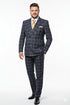Men’s Navy and Tan Windowpane Double-Breasted Suit | Classic 2-Piece Plaid Dress Suit, Business, and Formal Events By Rossiman