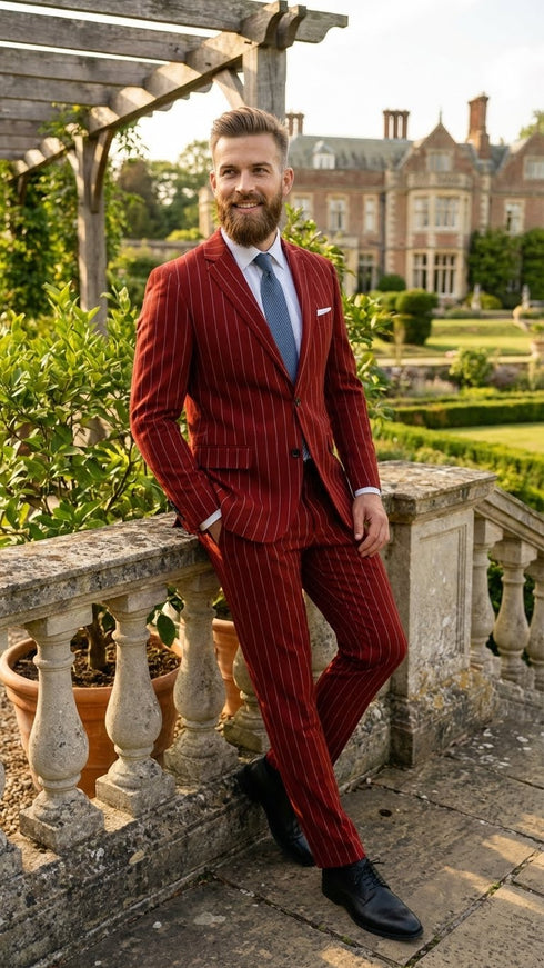 Men’s Red Pinstripe Suit – Stripe Two-Button Vested Suit 2 Buttons
