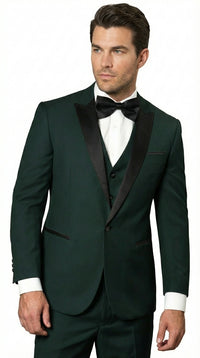 Men’s Hunter Green Tuxedo Suit 3 Piece – One Button Peak Lapel Designer Formal Suit for Wedding, Light Weight Wool By Statement Dark Green