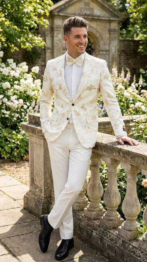 Men’s White and Gold Patterned Blazer – Paisley Floral Pattern Prom Wedding Suit Tuxedo Dinner Jacket + Bowtie