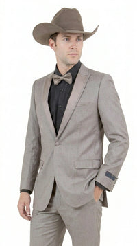 Men’s Light Taupe Western Tuxedo Suit – Cowboy Style Formal Blazer and Pants Outfit in Khaki Tan Light Brown Color
