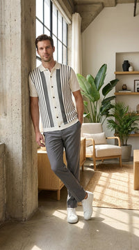 Mens White and Charcoal Gray Stripe Walking Suit Set – Short Sleeve Button Shirt and Pants Casual Summer Outfit for Travel, Vacation and Everyday Wear