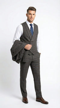 Vitali Men’s Brown Grey with blue Check 3 Piece Suit – Classic Plaid Formal Suit Set with Blazer, Vest & Trousers, Business Wedding Party Wear for Men Modern Fit