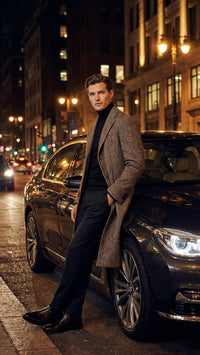 Men’s Black & Grey Herringbone Tweed Wool Blend Overcoat – Classic Single-Breasted Winter Blazer Carcoat