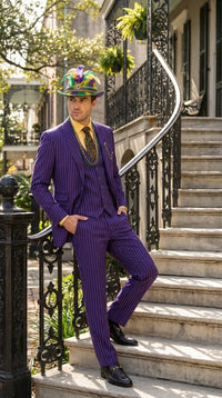 Men’s Purple Pinstripe Mardi Gras Suit | Three Piece Carnival Formal Suit with Vest