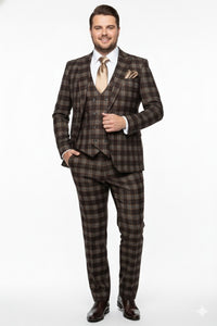 Men’s Brown Plaid Windowpane Three-Piece Suit Set – Classic Slim Fit Jacket, Double-Breasted Vest and Modern Fit Pants By Rossiman