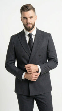 Men’s Black Pinstripe Double Breasted Suit – Classic Formal Business Suit Office and Evening Wear Modern Fit Conservative pattern