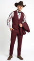 Men’s Burgundy Western Tuxedo Suit, 3 Piece Cowboy Formal Wedding Prom Suit with Satin Trim