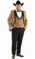 Mens Western Cowboy Tuxedo – Tan and Black 3-Piece Suit with Satin Lapel and Vest in Mocca Coffee Color