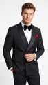 Men’s Black Double Breasted Evening Wear Suit with Satin Shawl Lapel and Red Pocket Square