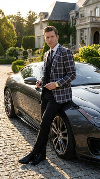 Men’s Big and Tall Charcoal Gray and Black Plaid Blazer – Grey Checker Windowpane Sport Coat