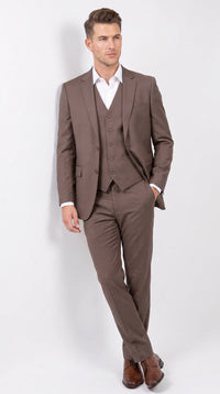 Men’s Zagarie Brand Light Brown Mocha 3-Piece Wool Suit – Modern Wedding, Business and Formal Suit with Pick Stitching