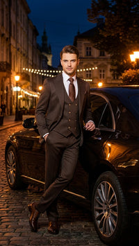 Men’s Chocolate Brown Textured 3-Piece Suit – Luxury Double-Breasted Vest Formal Set