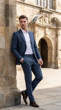 Men's Blue Micro Check Hounstooth small windowpane plaid 3-Piece Suit – Vested Slim Fit Business, Wedding & Formal Suit