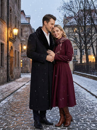 Men’s Black Long Overcoat with Faux Fur Collar, Full Length Winter Topcoat for Formal and Business Wear