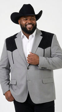 Men’s Grey Western Blazer with Black Suede Yoke – Cowboy Sport Coat for Rodeo, Country Wedding & Ranch Wear