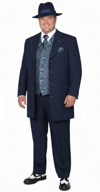 Mens 1920s Navy Blue Zoot Suit – Vintage Gangster 3-Piece Long Jacket Suit Classic Fit Pleated Pants