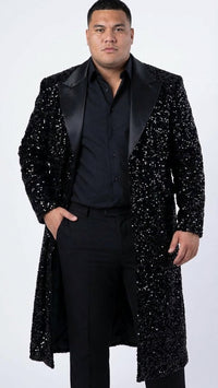 Men’s Black Sequin Long Coat with Satin Shawl Lapel – Luxury Statement Evening Overcoat