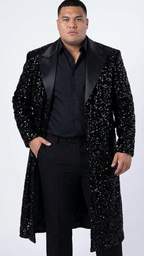 Men’s Black Sequin Long Coat with Satin Shawl Lapel – Luxury Statement Evening Overcoat