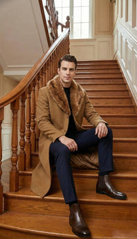Men's Camel Brown Long Overcoat with Faux Fur Collar, Classic Winter Topcoat for Formal and Business Wear