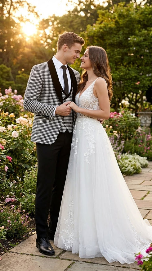 Men’s Black and White Houndstooth Tuxedo Set with Velvet Shawl Lapel | 3-Piece Formal Suit with Double-Breasted Vest