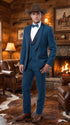 Men’s Teal Blue Western Tuxedo Suit, 3 Piece Cowboy Formal Wedding Prom Suit with Black Shawl Lapel Saphire